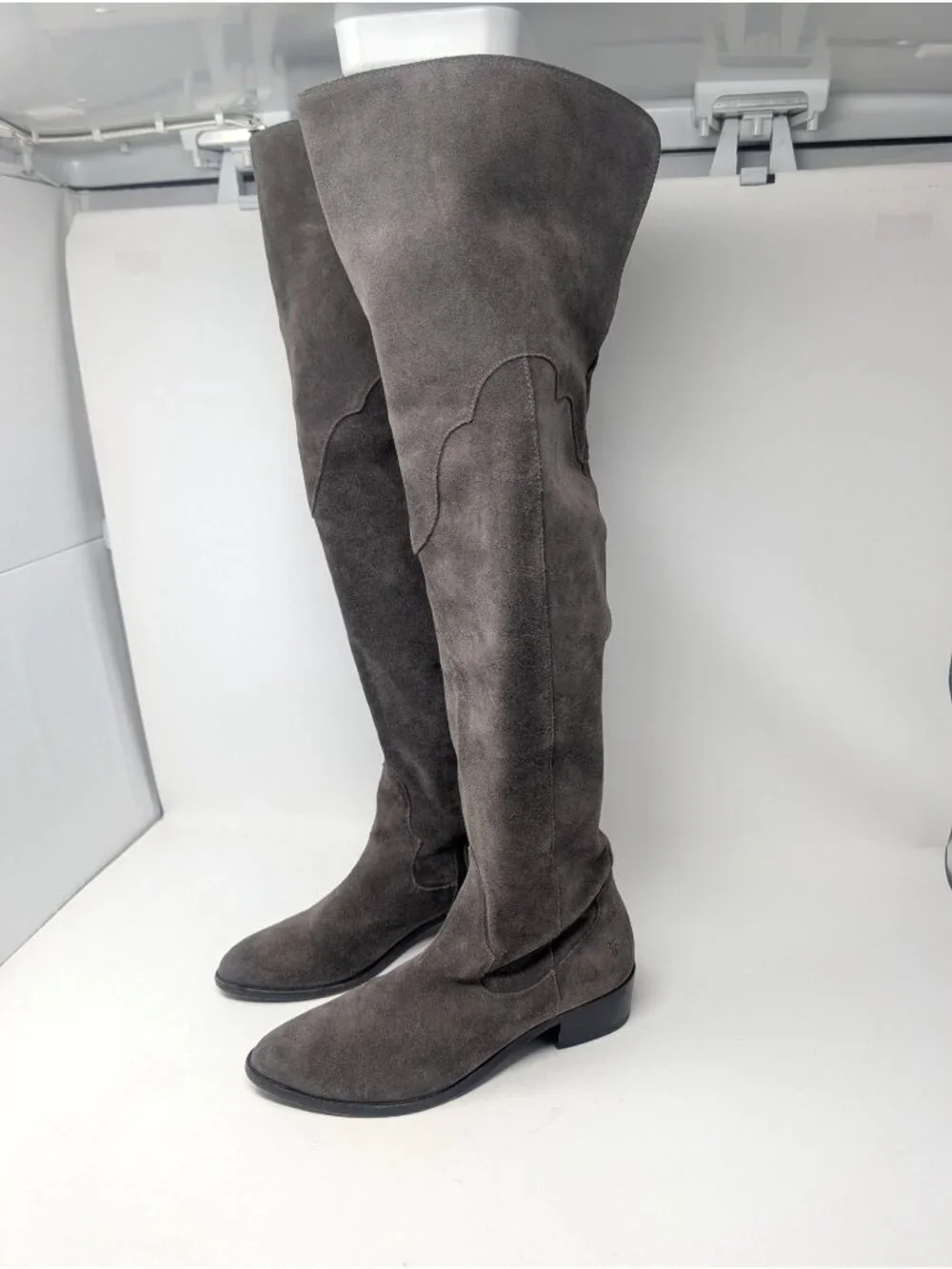 Frye Over Knee Suede Boots 8 Gray Leather Heel